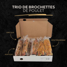 Trio de brochettes de poulet (grecque, asiatique, méditerranéenne)